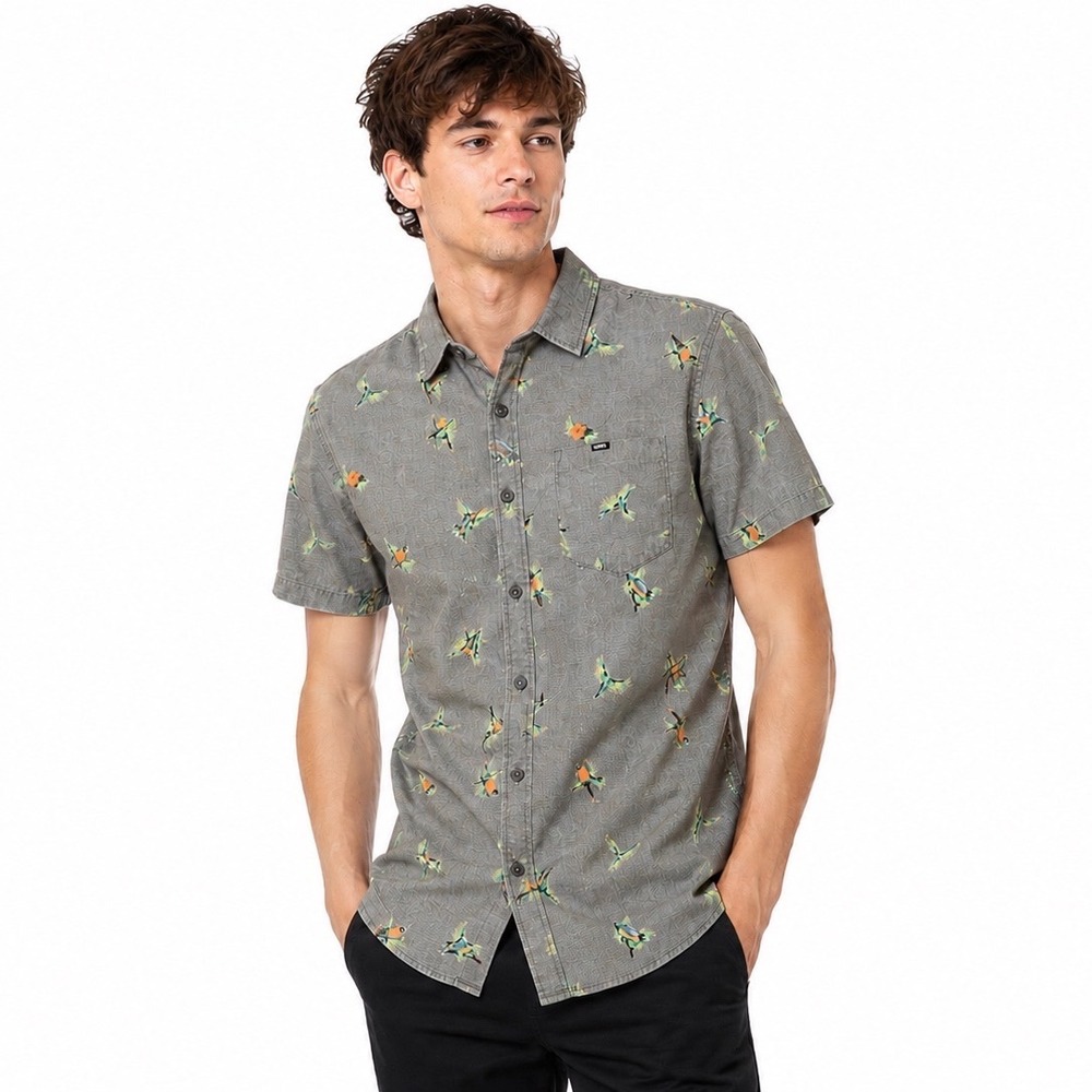Vans Tropical Parrot Print Button Up Shirt Men's Medium Gray Hawaiian Style